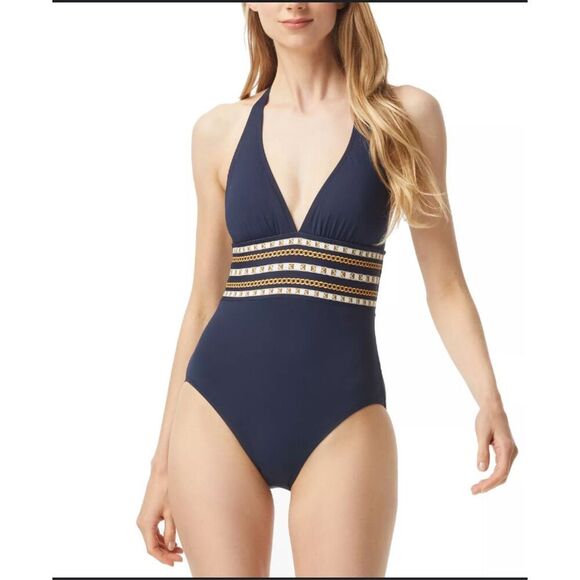 MICHAEL Michael Kors Chain Border Halter One-Piece Swimsuit Size16 - Picture 1 of 8